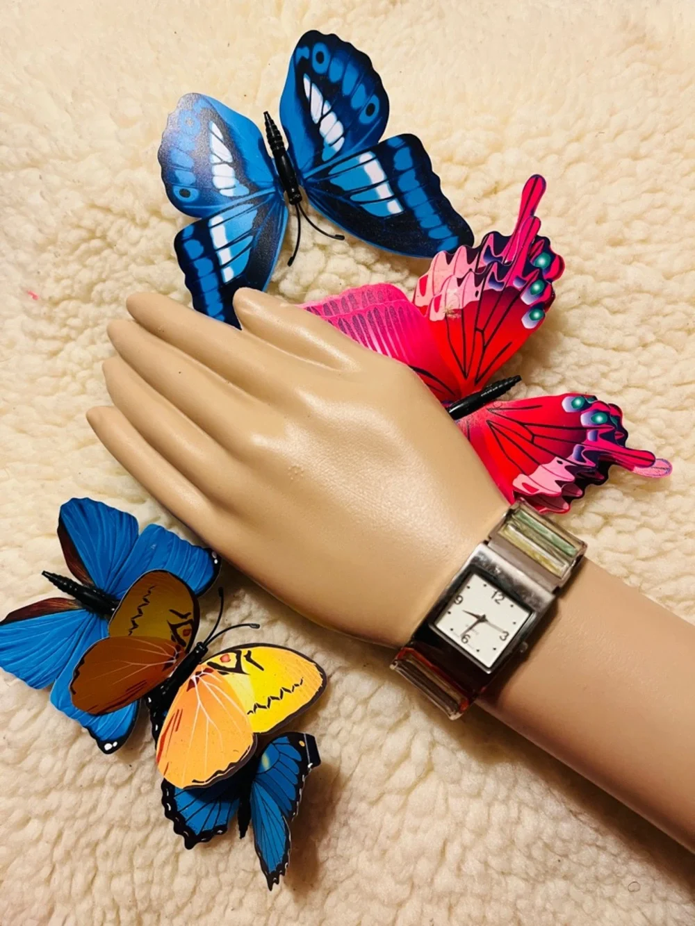 Silver Tone Women's Square Dial Watch with Blue Butterfly Accent